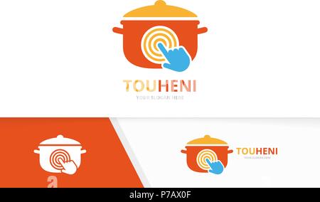 Vector pot and click logo combination. Kitchen and cursor symbol or icon. Unique pan and digital logotype design template. Stock Vector