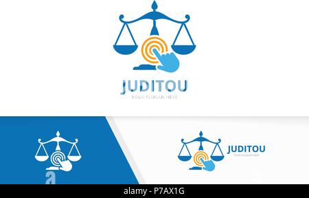 Vector libra and click logo combination. Scales and cursor symbol or icon. Unique law and digital logotype design template. Stock Vector