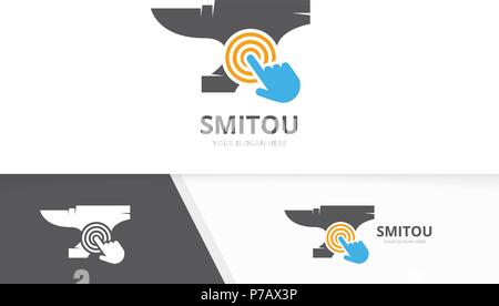Vector smith and click logo combination. Blacksmith and cursor symbol or icon. Unique metal and digital logotype design template. Stock Vector