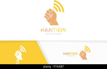 Vector fist and wifi logo combination. Hand and signal symbol or icon. Unique protest and radio logotype design template. Stock Vector