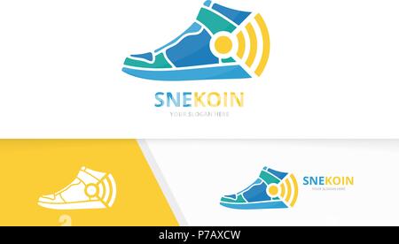 Vector sneaker and wifi logo combination. Shoe and signal symbol or icon. Unique footwear and radio logotype design template. Stock Vector