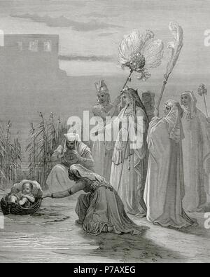 Moses rescued from the Nile by the daughter of Pharaoh of Egypt. Exodus. Engraving by Gustave Dore (1832-1883). Stock Photo