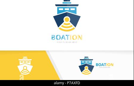 Vector ship and wifi logo combination. Boat and signal symbol or icon. Unique yacht and radio logotype design template. Stock Vector