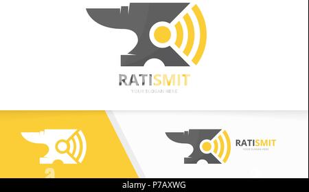 Vector smith and wifi logo combination. Blacksmith and signal symbol or icon. Unique metal and radio logotype design template. Stock Vector