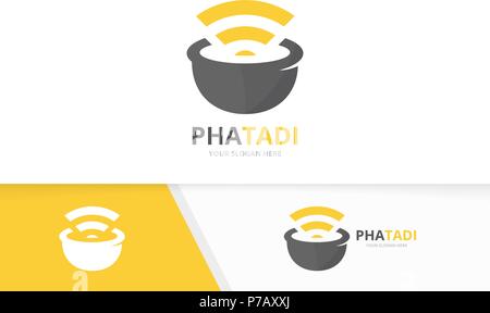 Vector pharmacy and wifi logo combination. Pounder and signal symbol or icon. Unique mortar and pestle logotype design template. Stock Vector