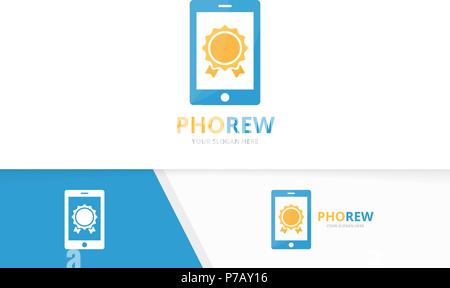 Vector reward and phone logo combination. Trophy and mobile symbol or icon. Unique medal and device logotype design template. Stock Vector