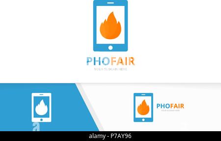 Vector fire and phone logo combination. Flame and mobile symbol or icon. Unique torch and device logotype design template. Stock Vector