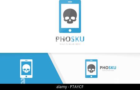 Vector skull and phone logo combination. Dead and mobile symbol or icon. Unique head and device logotype design template. Stock Vector