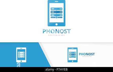 Vector host and phone logo combination. Server and mobile symbol or icon. Unique data and device logotype design template. Stock Vector