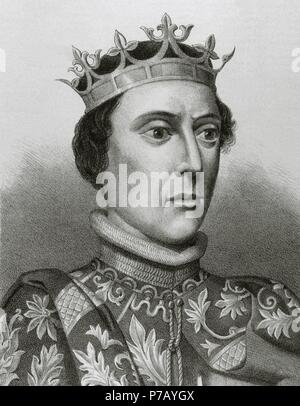 Peter I of Castile (1334-1369) or Peter the Cruel. King of Castile and Leon. Engraving in Spain Illustrated History, 19th century. Stock Photo