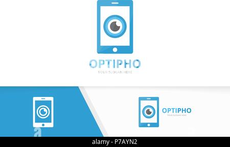Vector eye and phone logo combination. Optic and mobile symbol or icon. Unique vision and device logotype design template. Stock Vector