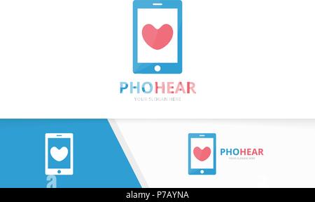 Vector heart and phone logo combination. Love and mobile symbol or icon. Unique romantic and device logotype design template. Stock Vector