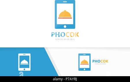 Vector dish and phone logo combination. Plate and mobile symbol or icon. Unique kitchen and device logotype design template. Stock Vector