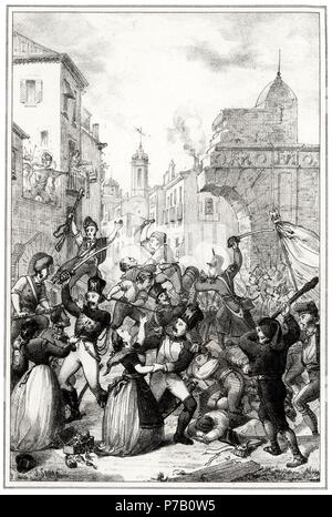 España. Catalunya. Guerra de la independencia. Entrada en Mataró de las tropas del general Lechi el 16 de junio de 1808. Grabado de 1860. Stock Photo