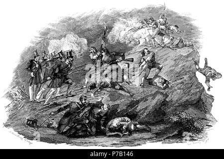 España. Catalunya. Primera guerra carlista (1833-1840). Facciones catalanas atacadas por los isabelinos en las alturas de Cabrils en marzo de 1834. Grabado de la época. Stock Photo