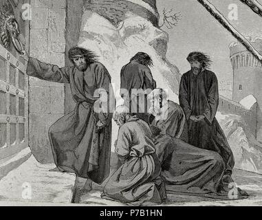 Henry IV (1050-1106). Holy Roman emperor. Henry IV at the entrance of the castle of Canossa (1077) to obtain the revocation of his excommunication of the Pope Gregory VII. Engraving. Stock Photo