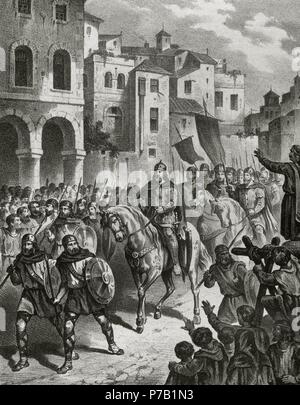 Berenguer Ramon II the Fratricide (c.1053-c.1099). Count of Barcelona. Ramon Berenguer II taking the city of Tarragona, Catalonia. Engraving in Spain Illustrated History, 19th century. Stock Photo