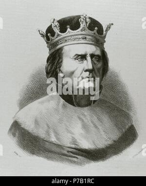 Peter IV (1319-1387), the Ceremonious. King of Aragon, Valencia, Majorca and Count of Barcelona. Engraving in Spain Illustrated History, 19th century. Stock Photo