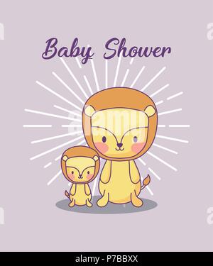 Baby shower design with cute lions over purple background, colorful design. vector illustration Stock Vector