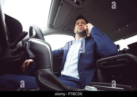 Businessman talking on mobile phone in a car Stock Photo