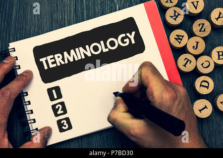 Writing note showing Terminology. Business photo showcasing Collection of terms used by different profession study industry Creative idea paper object Stock Photo