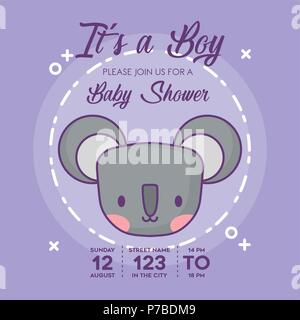 Baby shower Invitation with koala icon over purple background, colorful design. vector illustration Stock Vector