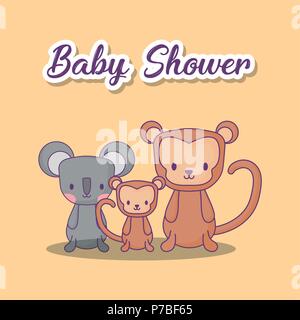 Baby shower design with cute monkeys and koala over orange background, colorful design. vector illustration Stock Vector