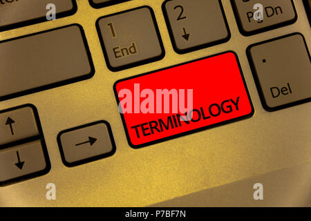 Text sign showing Terminology. Conceptual photo Collection of terms used by different profession study industry Keyboard brown key yellow laptop creat Stock Photo