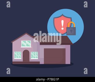 modern house with shield and padlock icon over blue background, colorful design. vector illustration Stock Vector