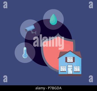 shield with smart home related icons over blue background, colorful design. vector illustration Stock Vector