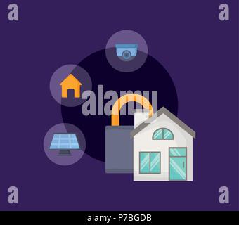 house and padlock with smart home related icons over purple background, colorful design. vector illustration Stock Vector