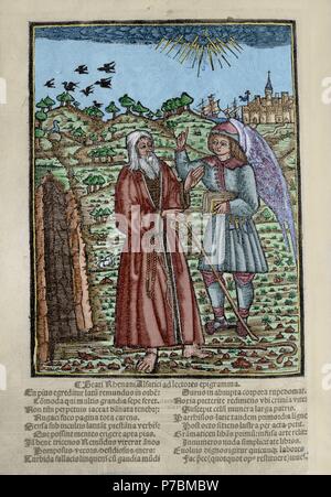 Ramon Llull (1235-1316). Spanish writer and philosopher. Blanquerna, ca. 1293. Engraving of the back cover with Llull and a disciple. Beati Rhenani Alfatici ad lectores epigramma. Folio in Latin. Colored. Stock Photo