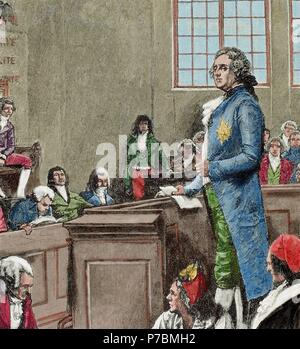 French Revolution (1789-1799). The convention. Judgment of Louis XVI of France. Engraving. History of France, 1882. Colored. Stock Photo