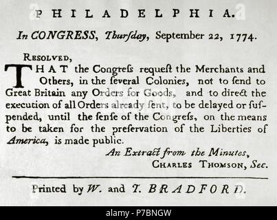 United States. American Revolution (1765-1783). First Continental Congress. September 22, 1774. Philadelphia. Manifest to request the merchants of the federal colonies, not to send to Great Britain any goods, for the preservation of the liberties of America. From the Minutes. Secretary Charles Thomson. Printed by W. and T. Bradford. Stock Photo