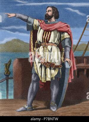 Ramon Berenguer III the Great (1082-1131). Count of Barcelona. Engraving in Spain Illustrated History, 19th century. Colored. Stock Photo