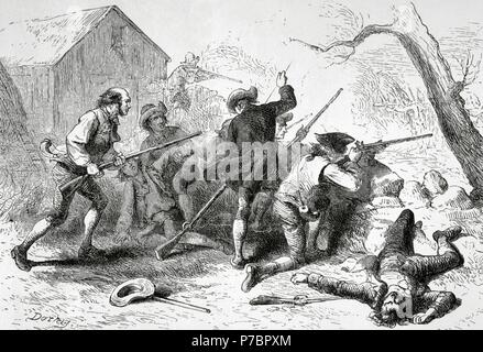 American Revolutionary War (1775-1783). Battles of Lexington and Concord. April 19, 1775. Engraving by Darley. The American Revolution, 19th century. Stock Photo