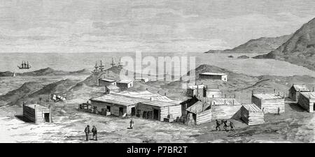 War of the Pacific (1879-1883). Western South America with Bolivia and Peru in front of Chile as a belligerant. Iquique. Lepanto camp established by the Spanish merchants on the outskirts of the town. Engraving by Batlle. Stock Photo