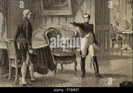 Emperor Napoleon Bonaparte (1769-1821) meets with Klemens von Metternich (1773-1859) at Desden 1813. Engraving by E. Deschamps. Historia de Francia, 1886. Stock Photo