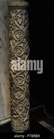 Embossed column decorated with acanthus leaves, vine tendrils and bunches of grapes. Remains of red polychrome. Marble. Early Christian Period. 5th century. Museum of Mediterranean and Near Eastern Antiquities. Stockholm. Sweden. Stock Photo