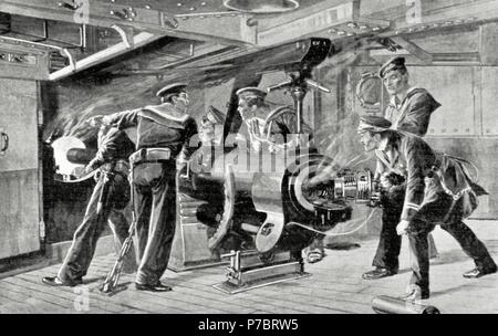 Russo-Japanese War (1904-1905). Opening fire aboard a Japanese battleship. Engraving. 'La Ilustracion Espanola y Americana', 1904. Stock Photo