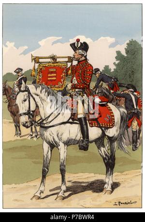 Francia. Músicos de tropas a caballo. Trompeta del regimiento Comisario-General de 1789. Colección editada por el comandante Eugène Louis Bucquoy (1879-1958). Año 1944. Stock Photo