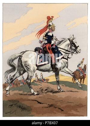 Francia. Músicos de tropas a caballo. Trompeta del Regimiento de Coraceros de 1834. Colección editada por el comandante Eugène Louis Bucquoy (1879-1958). Año 1943. Stock Photo