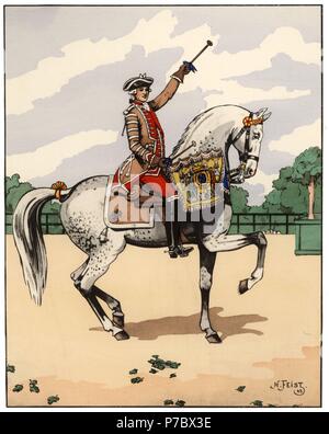 Francia. Músicos de tropas a caballo. Timbalero de Condé hacia 1767. Colección editada por el comandante Eugène Louis Bucquoy (1879-1958). Año 1944. Stock Photo