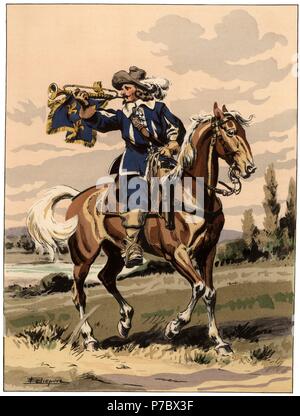 Francia. Músicos de tropas a caballo. Trompeta del rey Luis XIII de 1640. Colección editada por el comandante Eugène Louis Bucquoy (1879-1958). Año 1944. Stock Photo