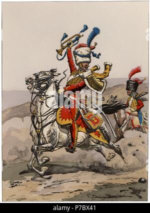 Francia. Músicos de tropas a caballo. Trompeta de un regimiento de Húsares de 1812. Colección editada por el comandante Eugène Louis Bucquoy (1879-1958). Año 1944. Stock Photo