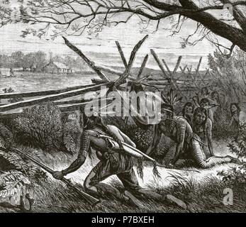 Sioux Indians armed with rifles and arrows, stealthily approaching a farm. Engraving in 'Harper's Weekly', 1868. Stock Photo