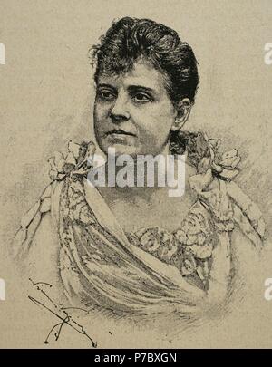 Carlota de Mena  Zamora (1845-1902). Catalan actress. Portrait. Engraving by N.Vazquez. La Ilustracio n. Revista Hispano-Americana, 1890. Stock Photo