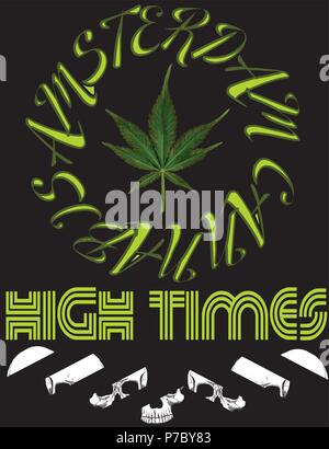 Vector emblem icon marijuana. High Times typography Hemp logo illustration for the use of printing on t-shirts, logos, labels, posters, trading stamps Stock Vector