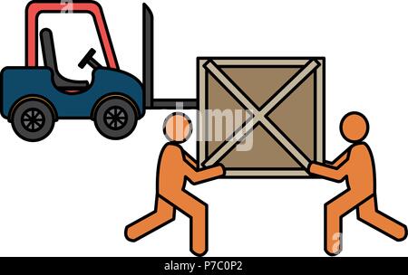 delivery workers with wooden boxes and forklift vector illustration design Stock Vector