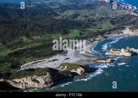Wharariki Beach aerial view near Cape Farewell, New Zealand Stock Photo